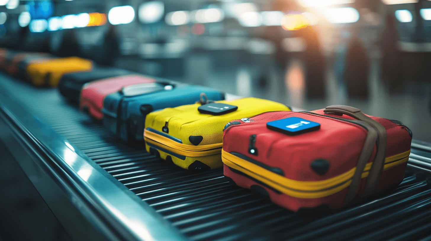 Mala na esteira de bagagens do aeroporto com etiquetas coloridas e rastreador GPS visível