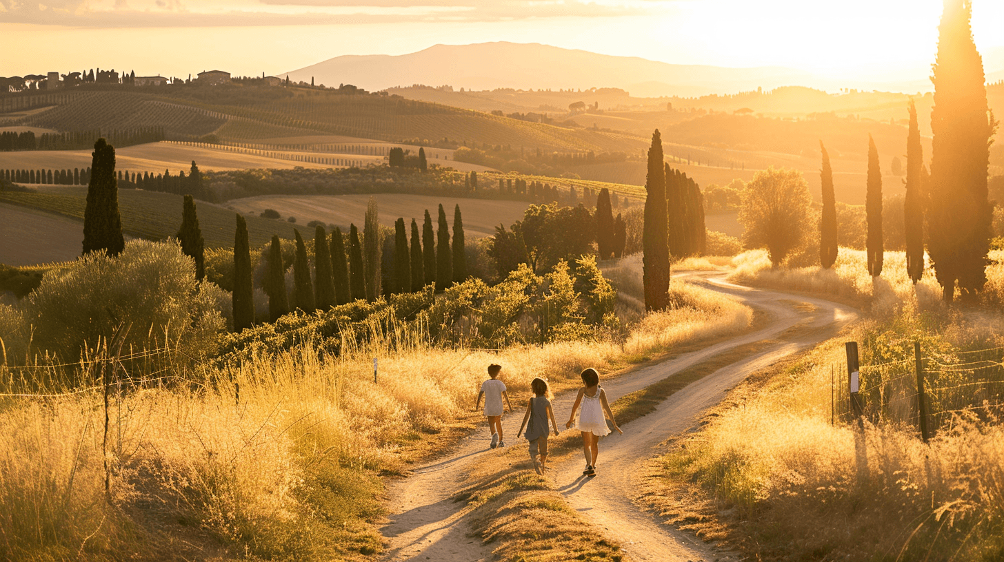Família caminhando por estrada de terra na Toscana com ciprestes e vinhedos ao fundo, luz dourada