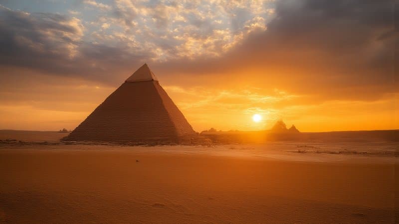 Pirâmides de Gizé ao entardecer com o deserto dourado