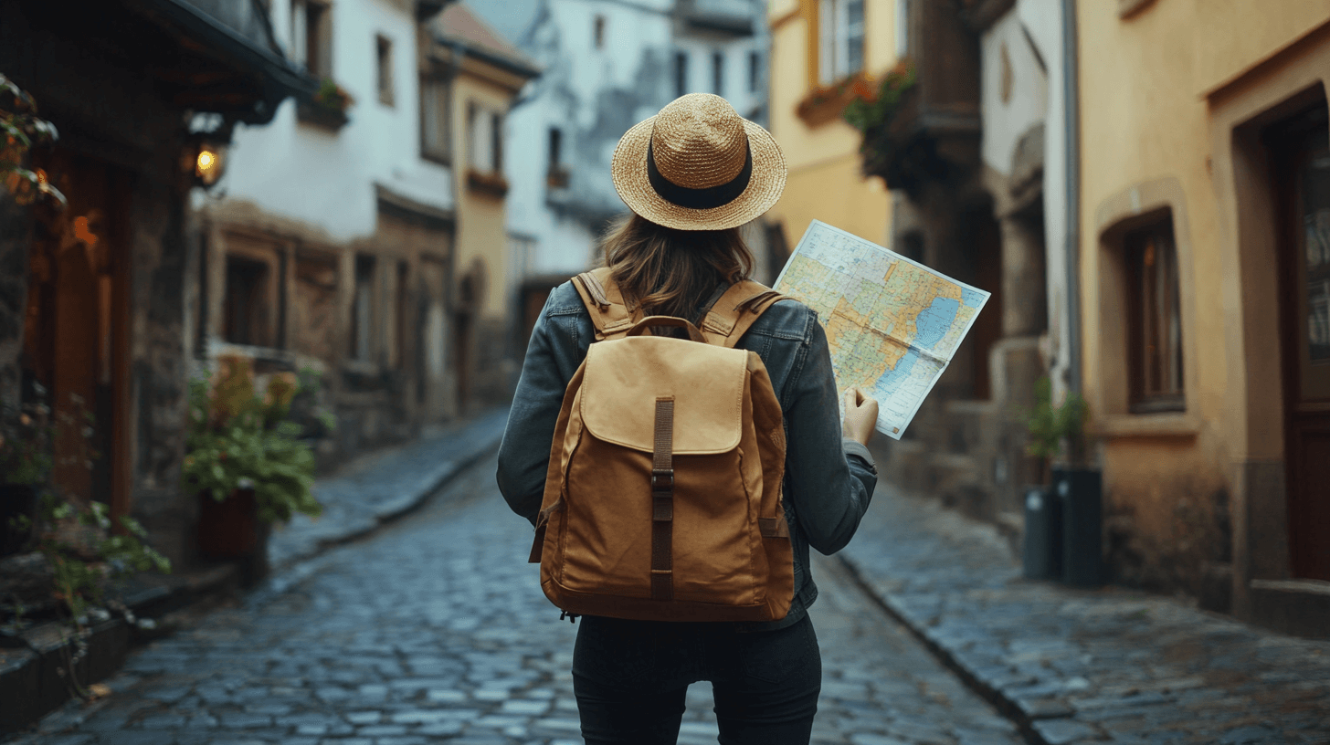Jovem mulher com mochila em cruzamento de cidade europeia antiga olhando um mapa