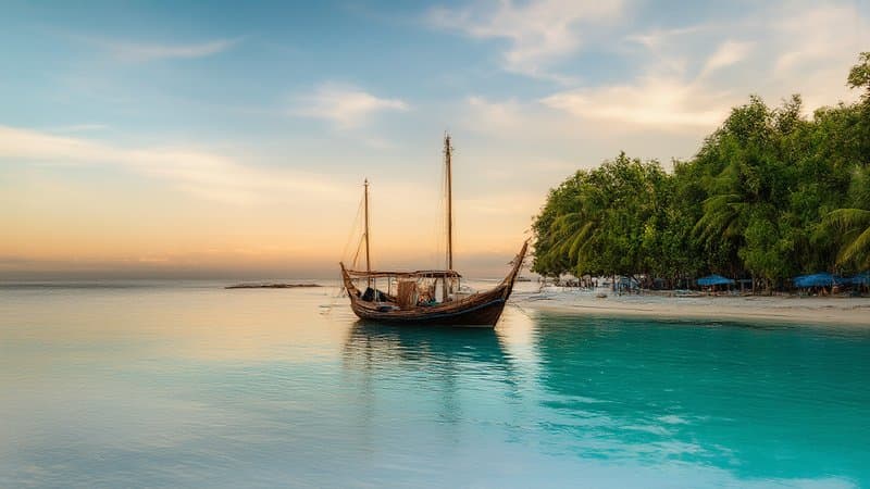 Jangada ancorada em piscina natural de água turquesa no litoral do Nordeste ao entardecer
