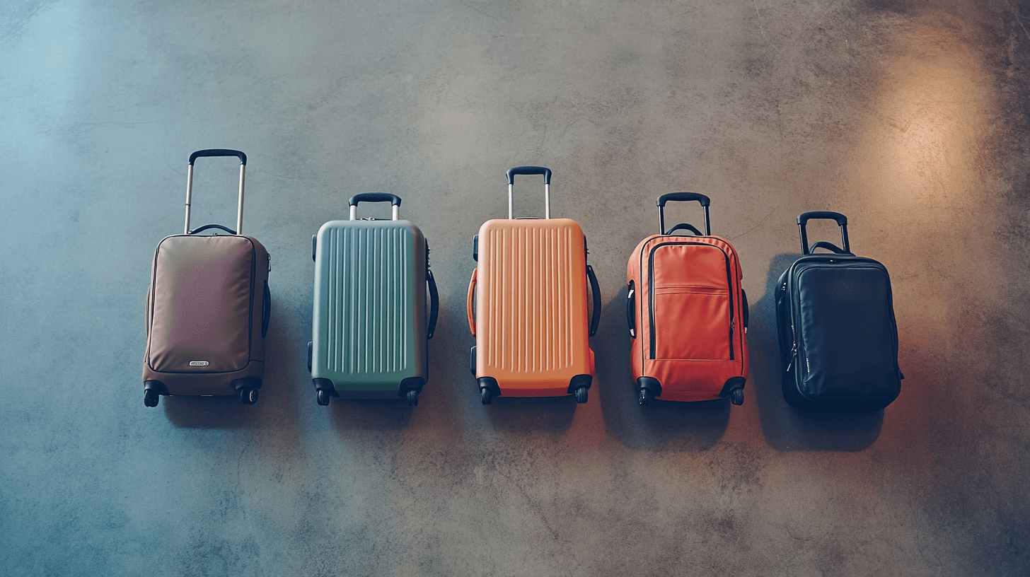Cinco tipos diferentes de malas enfileiradas vistas de cima: cabine, média, grande, mochila e bolsa