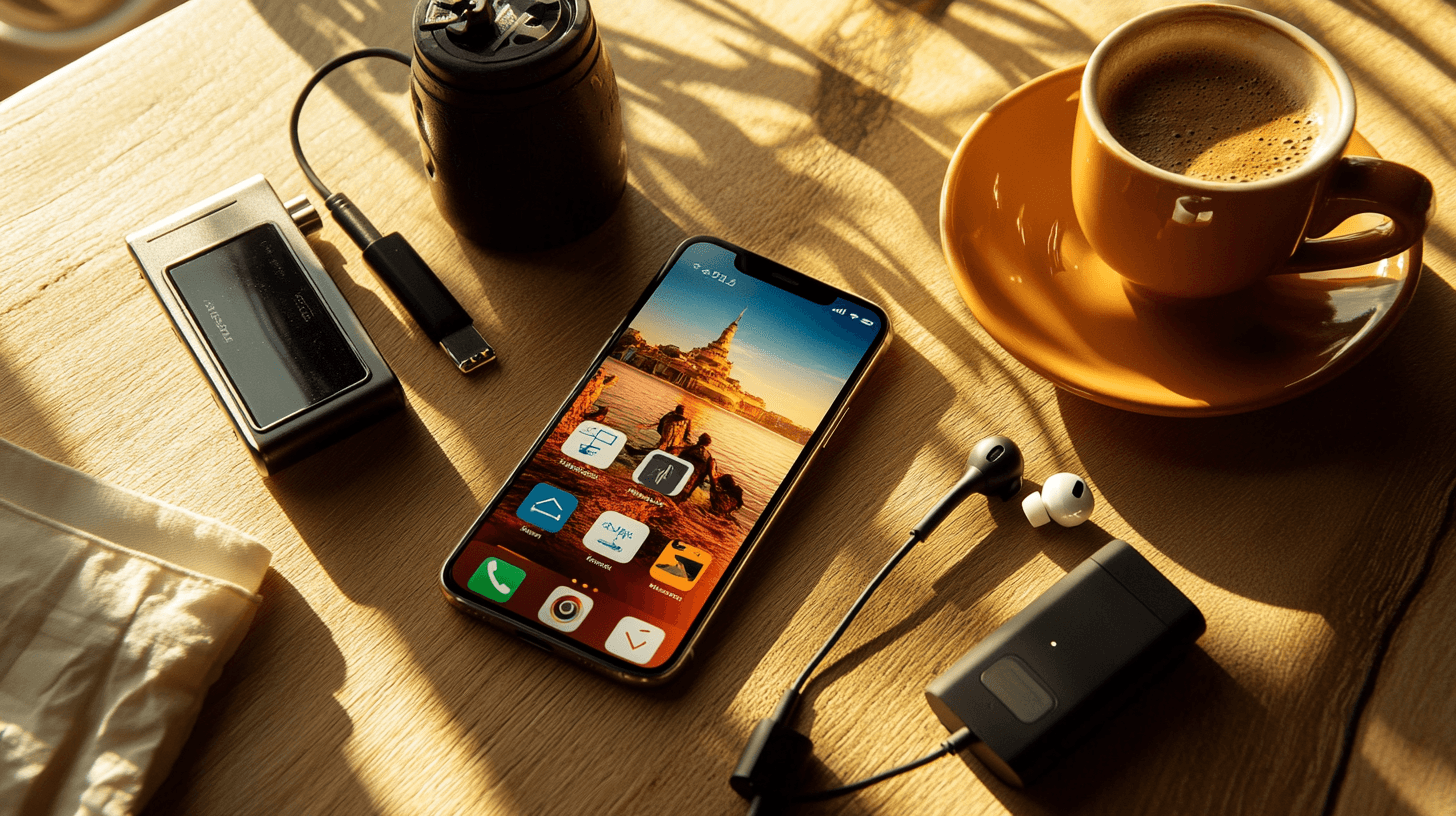Smartphone com apps de viagem ao lado de cafe e acessorios