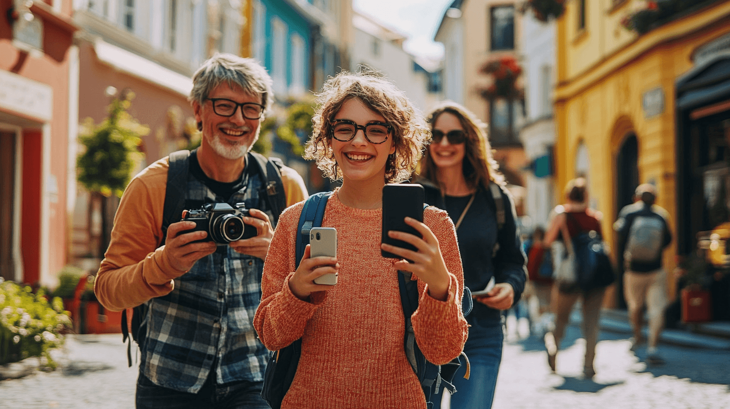 Família com dois adolescentes caminhando por rua europeia vibrante tirando fotos