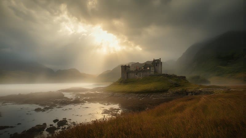 Castelo às margens de um lago nas Highlands escocesas sob céu dramático