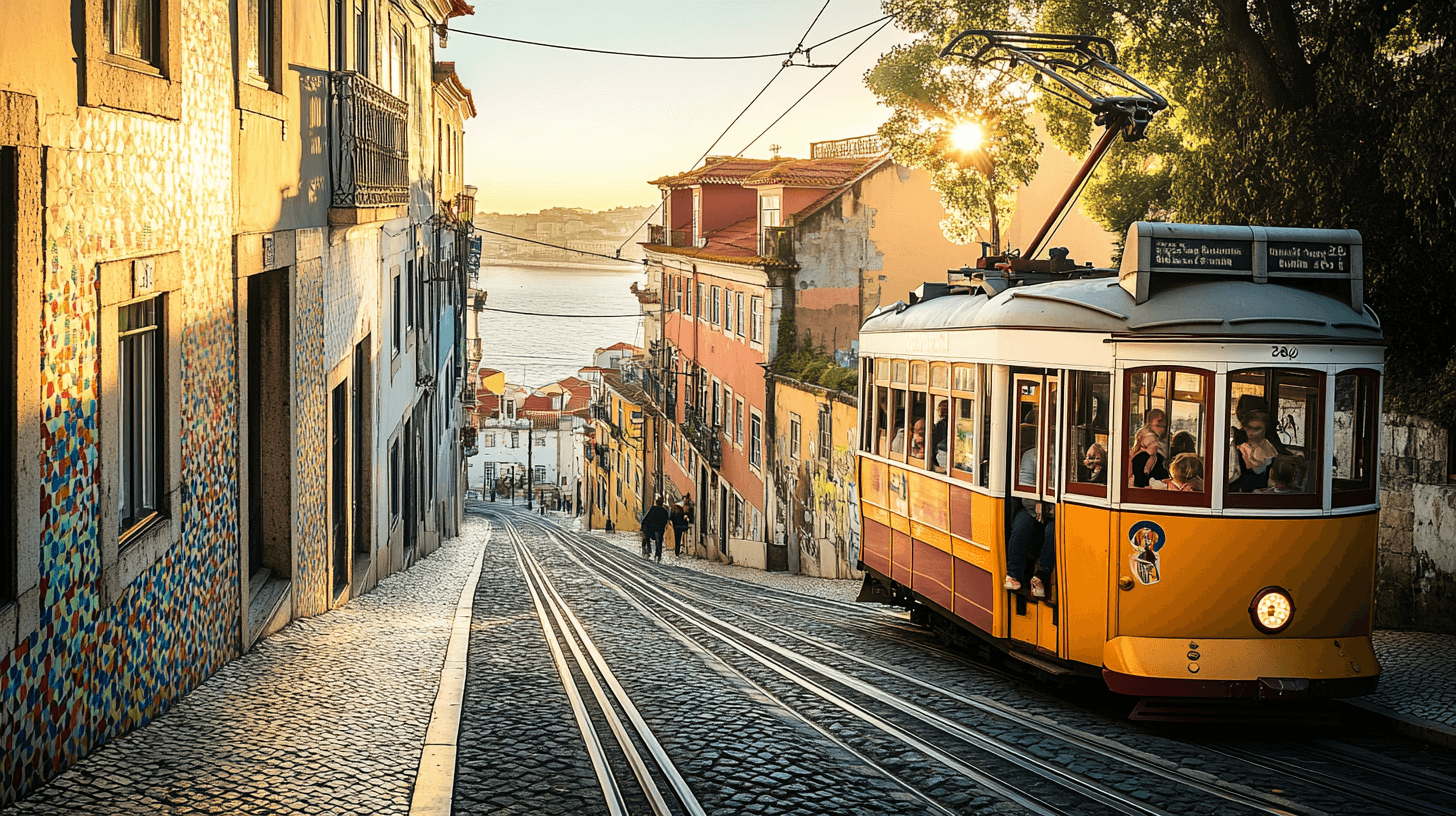 Lisboa vista de Alfama com bonde e rio Tejo ao por do sol