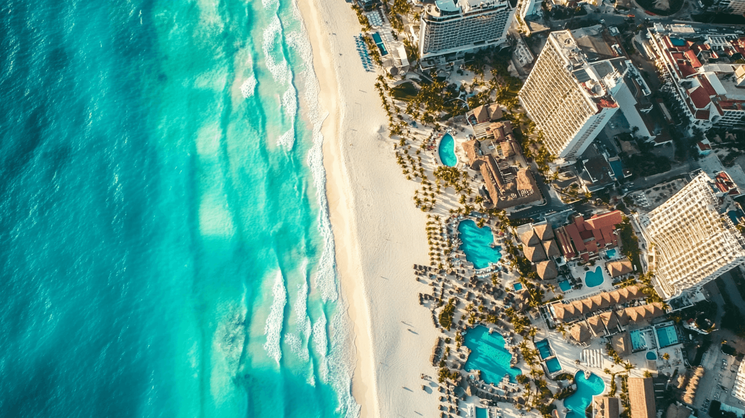 Vista aérea da zona hoteleira de Cancún com água turquesa do Caribe dos dois lados