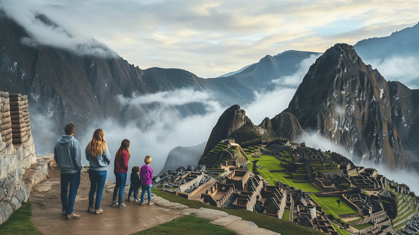 Familia no portao do sol olhando Machu Picchu ao amanhecer