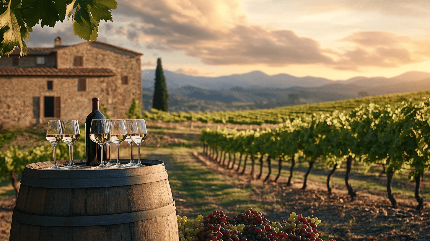 Fileiras de videiras ao pôr do sol com vinícola rústica de pedra e taças de vinho sobre barril