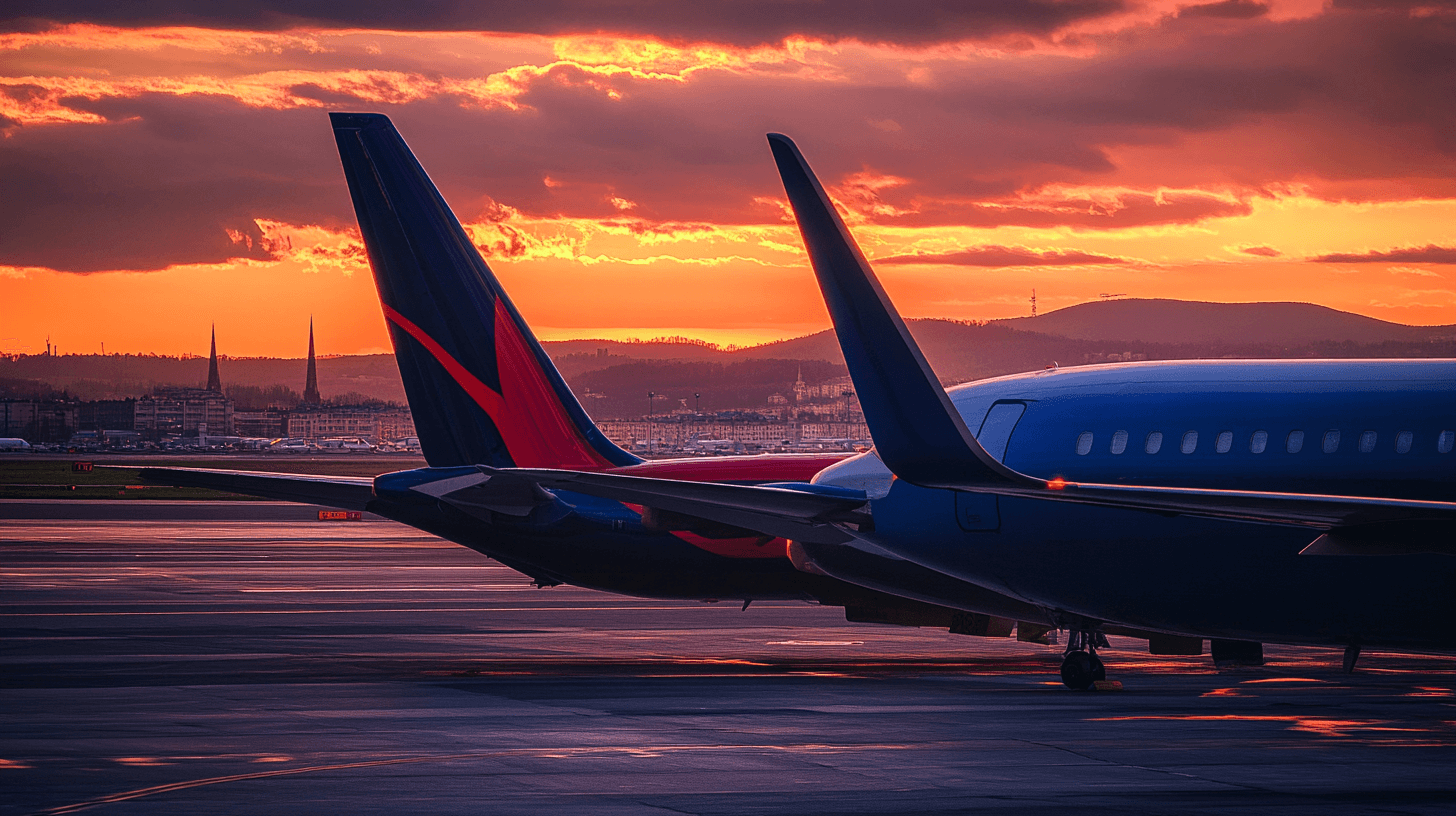 Dois aviões comerciais lado a lado no pátio do aeroporto durante o pôr do sol