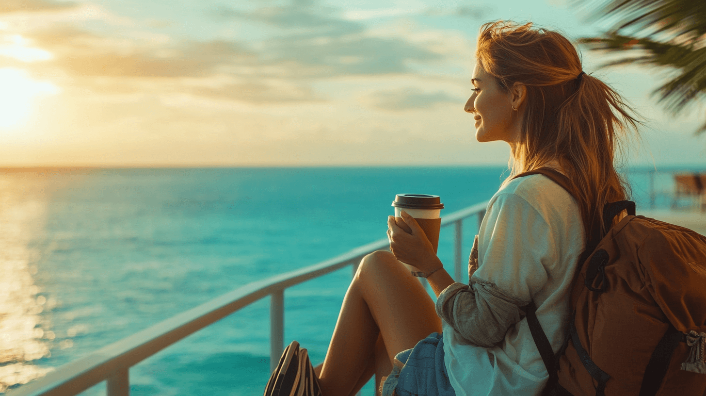 Viajante relaxada em varanda de hotel com vista para o mar ao pôr do sol, segurando uma xícara de café