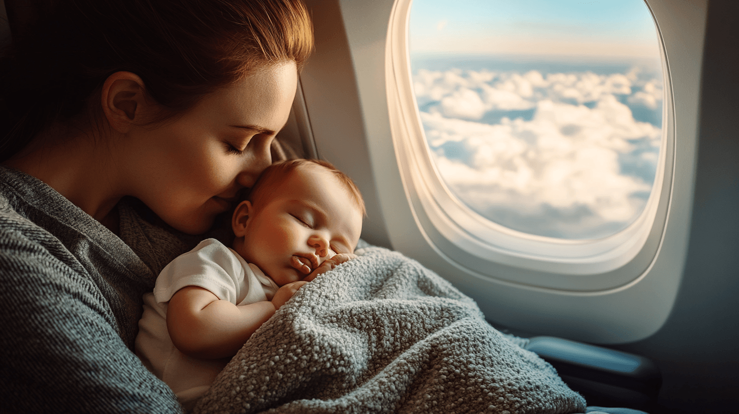 Mae segurando bebe dormindo no aviao com nuvens pela janela