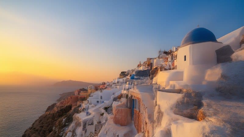 Cúpulas azuis de Santorini com vista para a caldeira ao entardecer