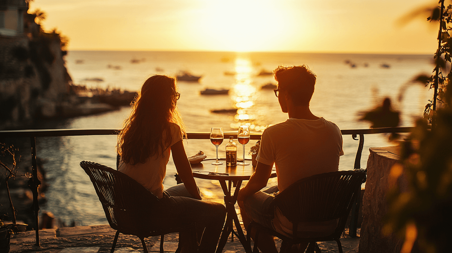Casal sentado em café com vista para o Mediterrâneo ao pôr do sol com taças de vinho
