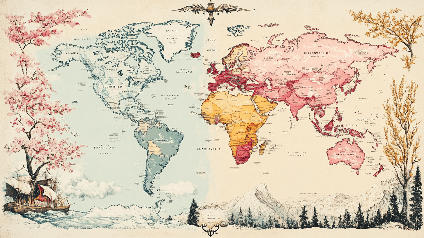 Mapa mundi artistico com cores sazonais representando as estacoes do ano