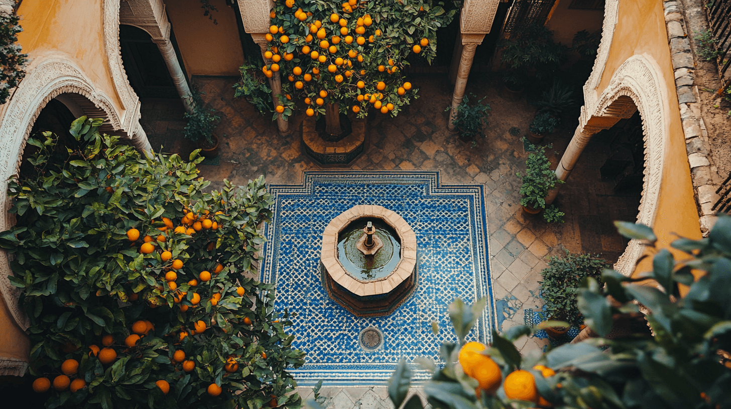 Vista superior de pátio de riad marroquino com azulejos azuis, laranjeiras e fonte central