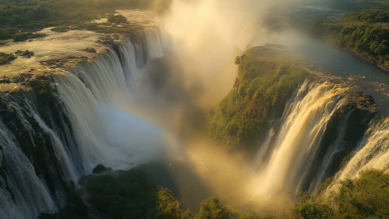 Vista aérea das Cataratas do Iguaçu com névoa e arco-íris ao entardecer
