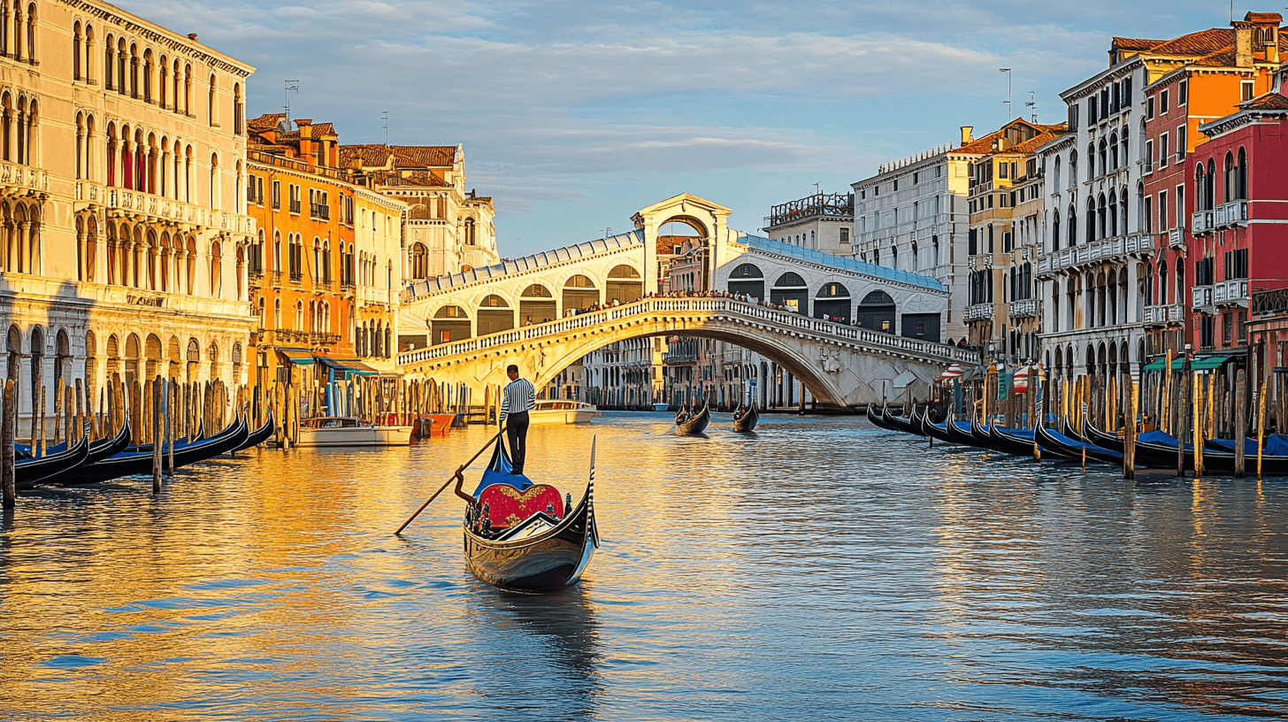Veneza Canal Grande com gondola e Ponte Rialto ao entardecer