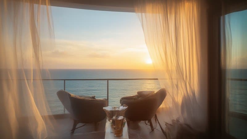 Varanda de suíte de lua de mel com vista para o mar ao entardecer
