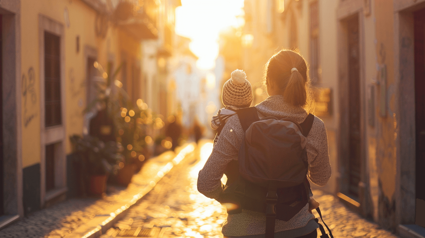Mãe carregando bebê em mochila ergonômica caminhando por rua de paralelepípedos na Europa