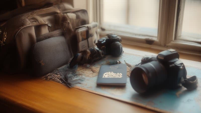 Passaporte e itens de viagem organizados sobre mesa