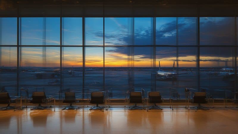 Saguão de aeroporto moderno ao entardecer com aviões na pista