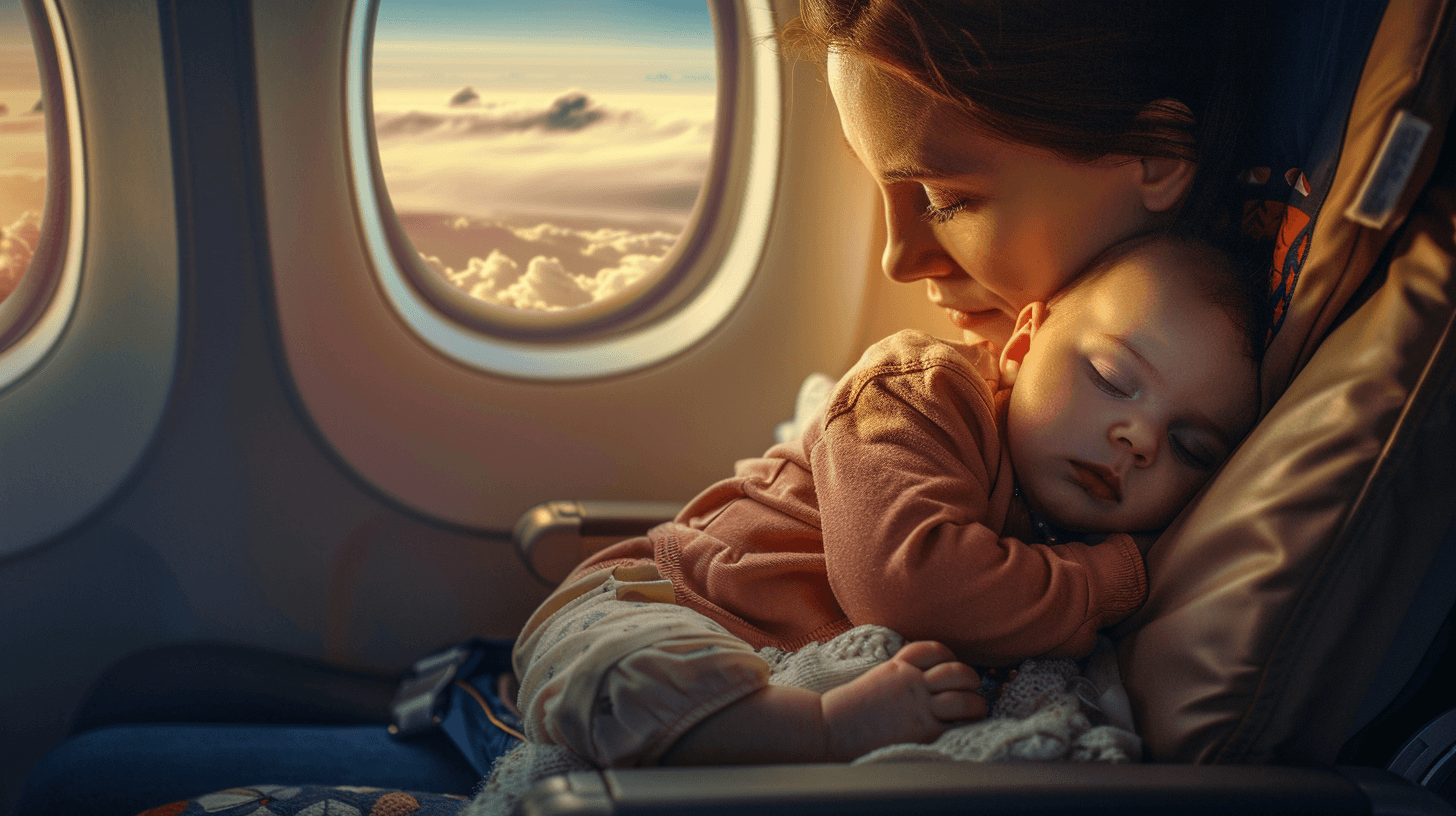 Bebê dormindo no colo da mãe dentro de avião, luz suave da cabine com nuvens pela janela