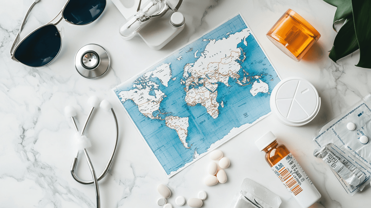 Kit de viagem com itens de saúde e segurança organizados sobre mesa de mármore