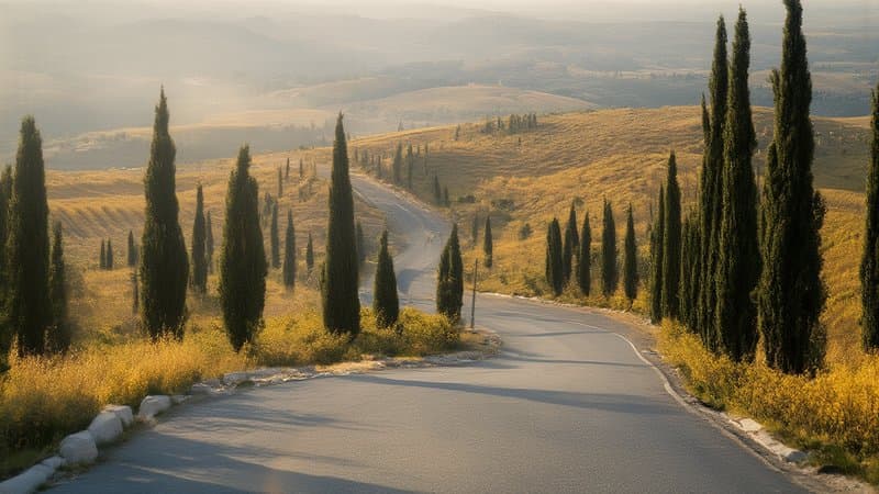 Estrada cênica entre ciprestes na Toscana ao amanhecer