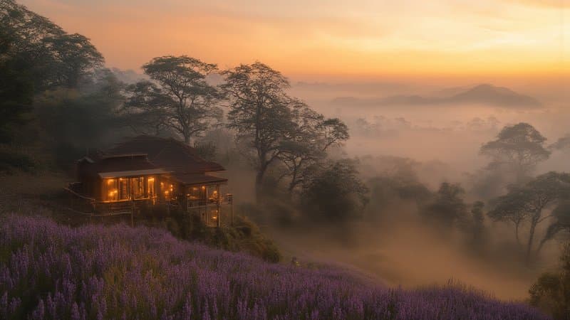 Chalé de montanha iluminado na Serra da Mantiqueira ao entardecer com flores lilás e neblina