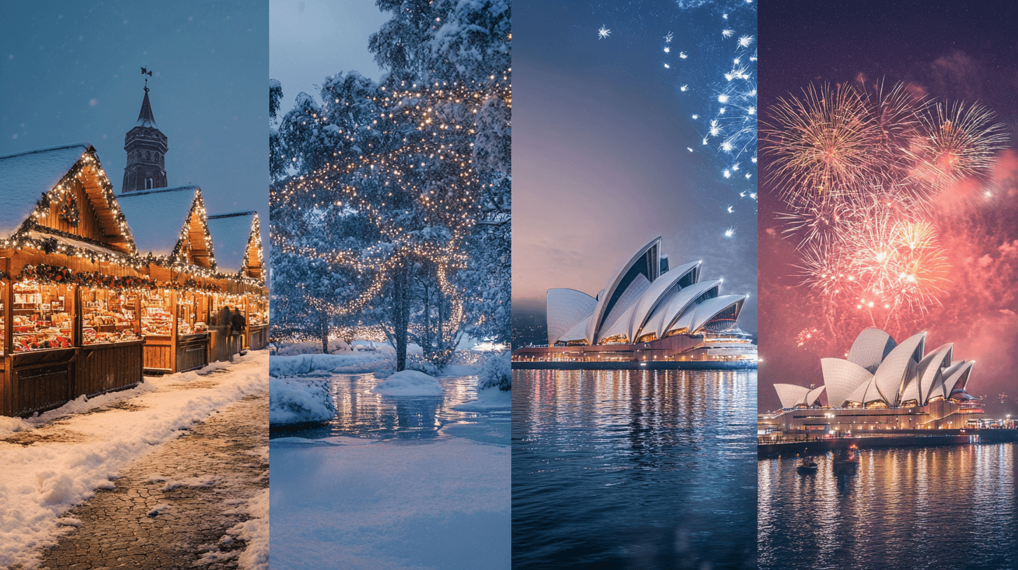 Grid de quatro destinos: mercado de Natal europeu, bangalô tropical, glaciar patagônico e fogos de ano novo