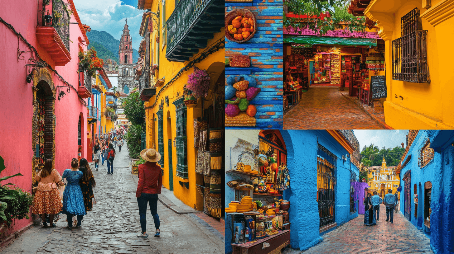 Colagem colorida de quatro destinos econômicos: rua colombiana, templo tailandês, mercado marroquino e tango argentino