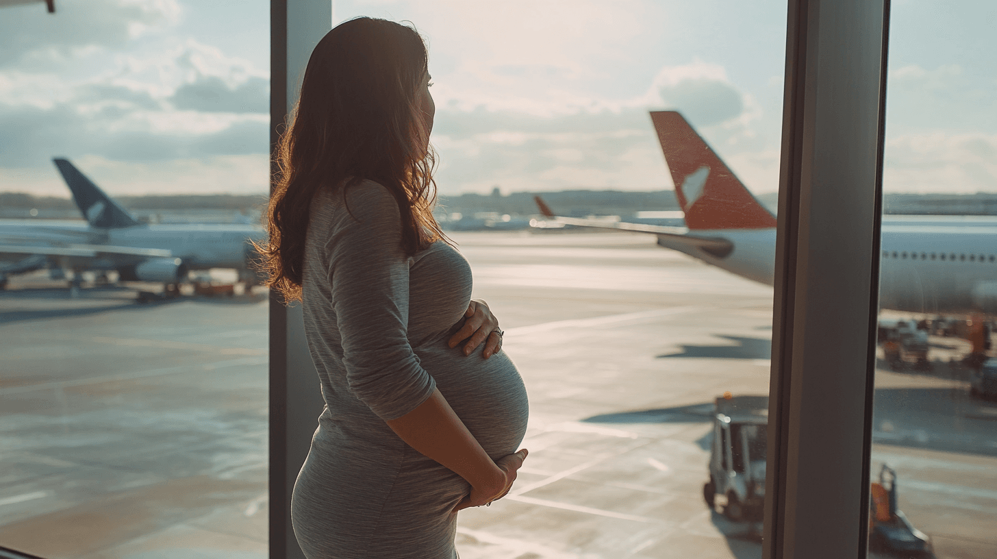 Gestante na janela do portão de embarque olhando aviões na pista com mão na barriga