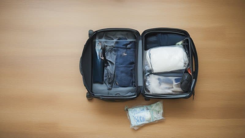 Mala de mão aberta com itens organizados e nécessaire