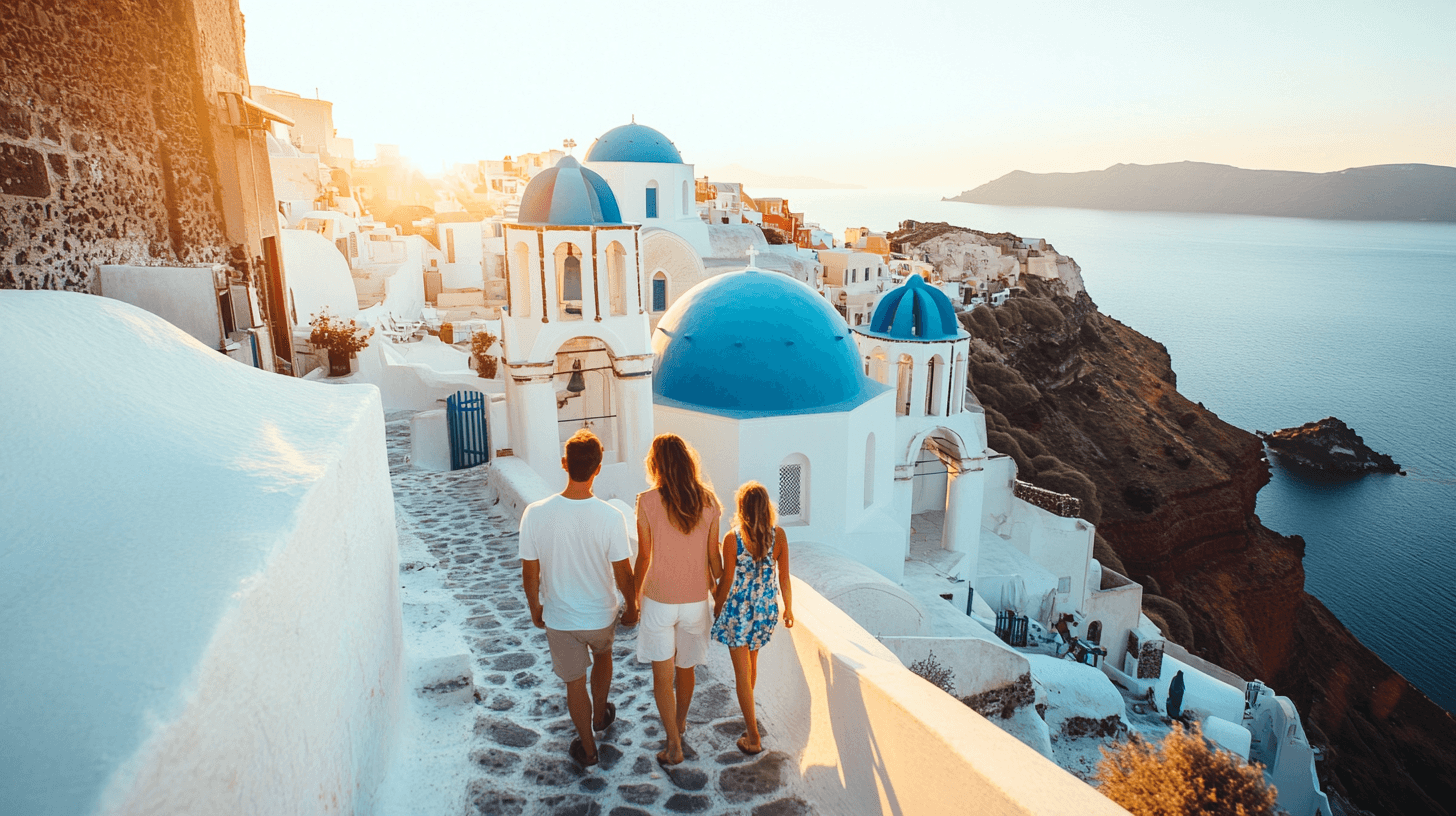 Familia caminhando pelas ruelas de Santorini ao por do sol