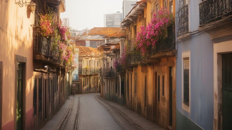 Rua colonial colorida de Cartagena com sacadas floridas