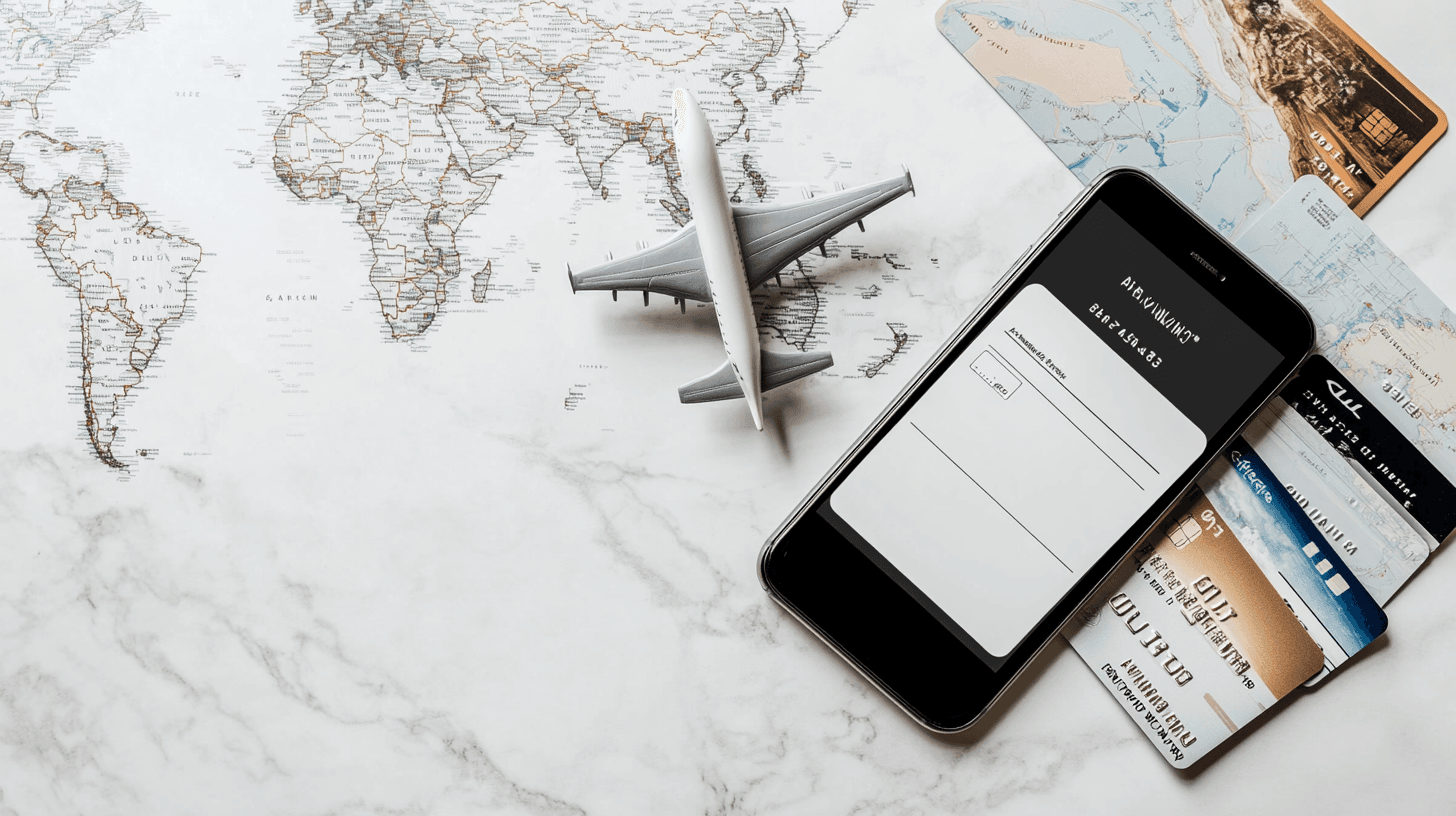 Flat lay com smartphone mostrando cartão de embarque, avião miniatura e cartões de crédito
