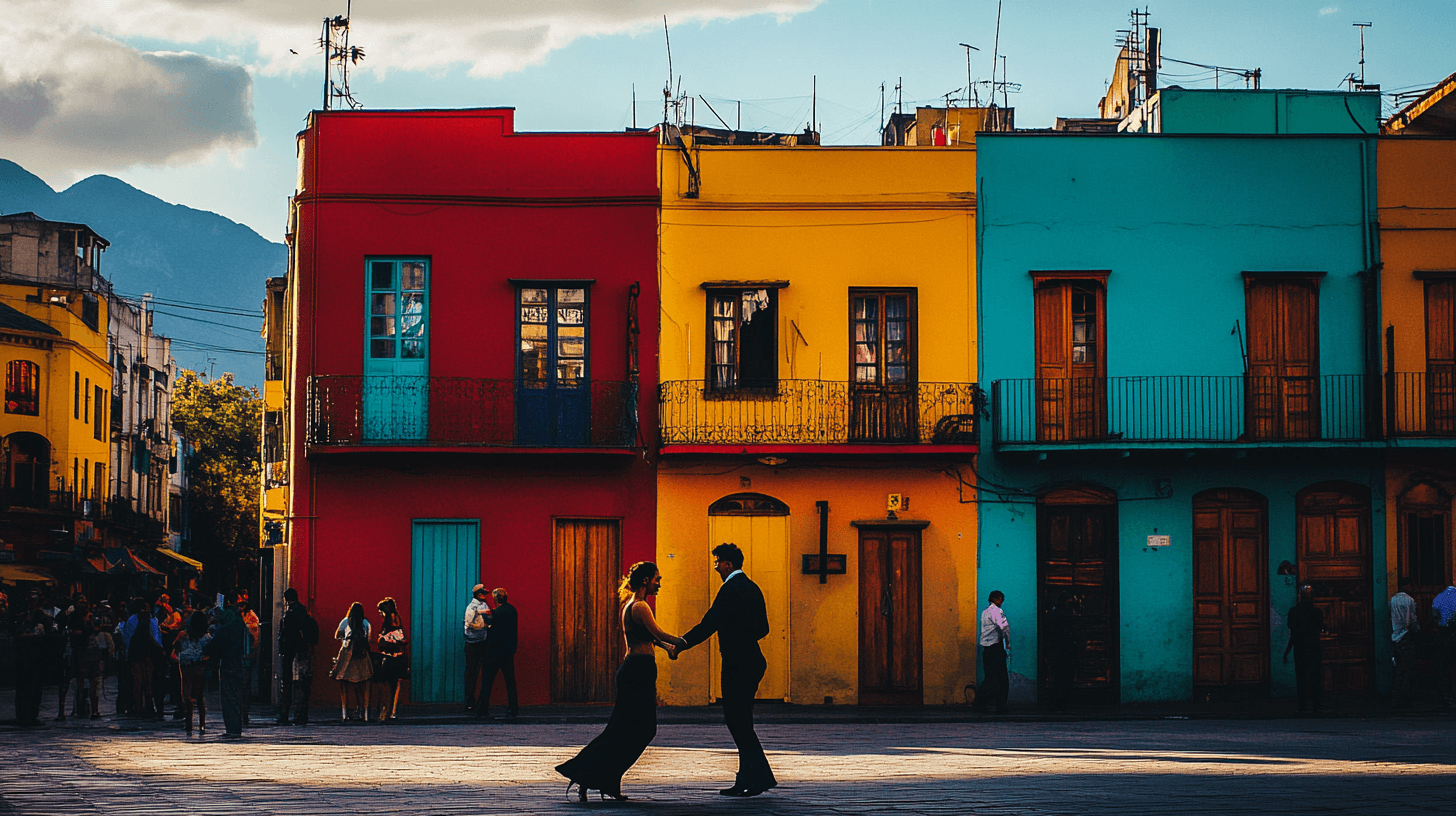 Bairro colorido de La Boca em Buenos Aires com dançarinos de tango e montanhas ao fundo