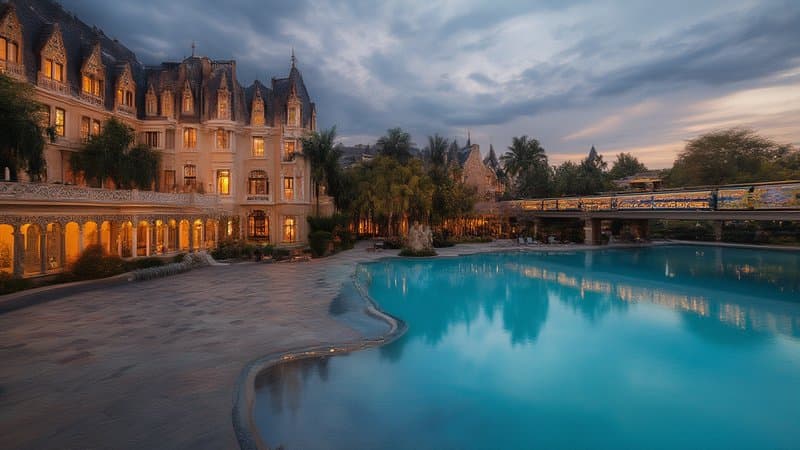 Área de piscina de resort em Orlando ao anoitecer, com arquitetura vitoriana à beira de lagoa e monorail ao fundo