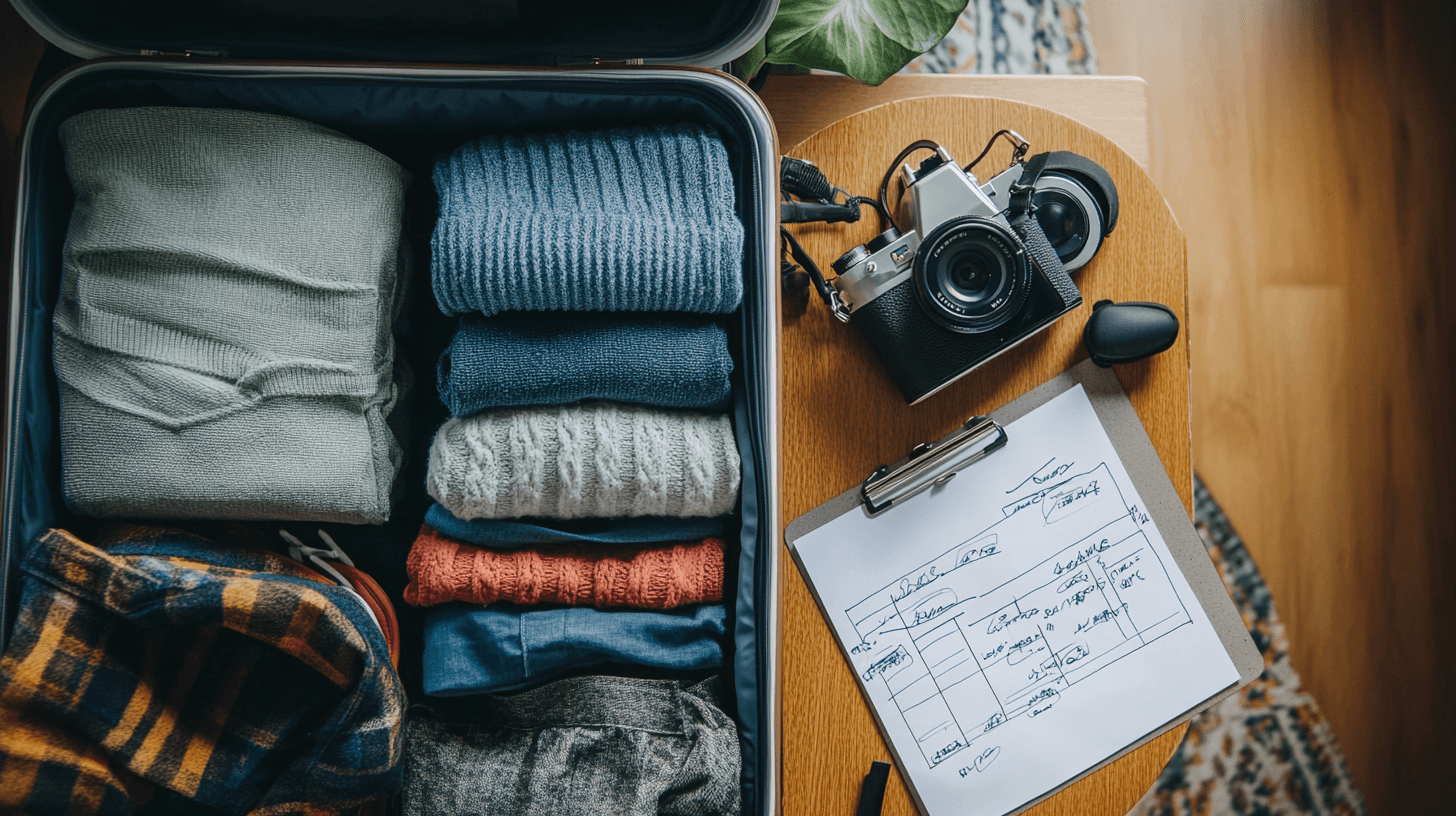 Mala aberta organizada com roupas dobradas, necessaire e checklist ao lado