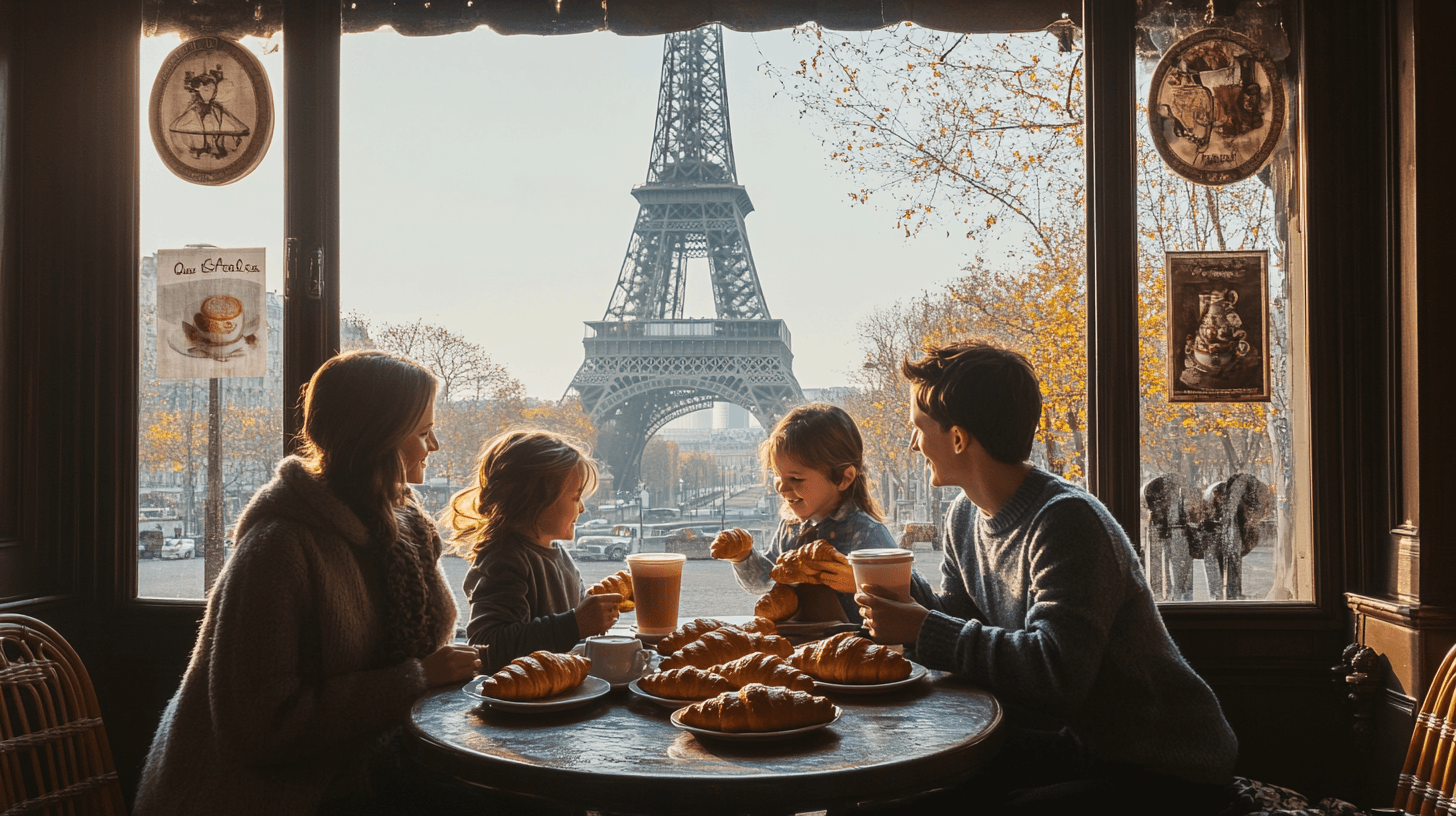 Familia em cafe parisiense com Torre Eiffel pela janela