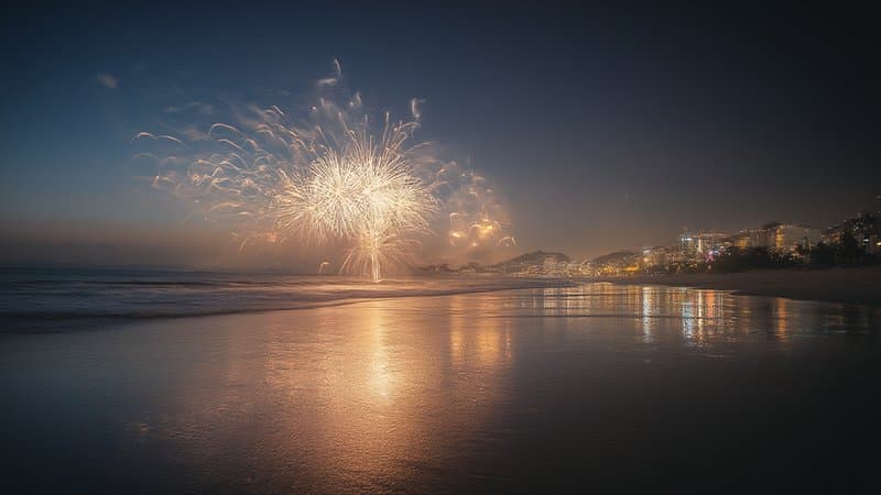 Fogos de réveillon sobre a praia de Copacabana