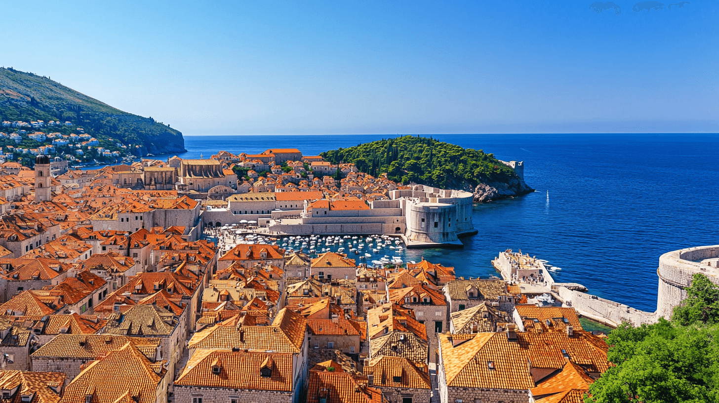 Vista aérea da cidade antiga de Dubrovnik com telhados de terracota e muralhas medievais