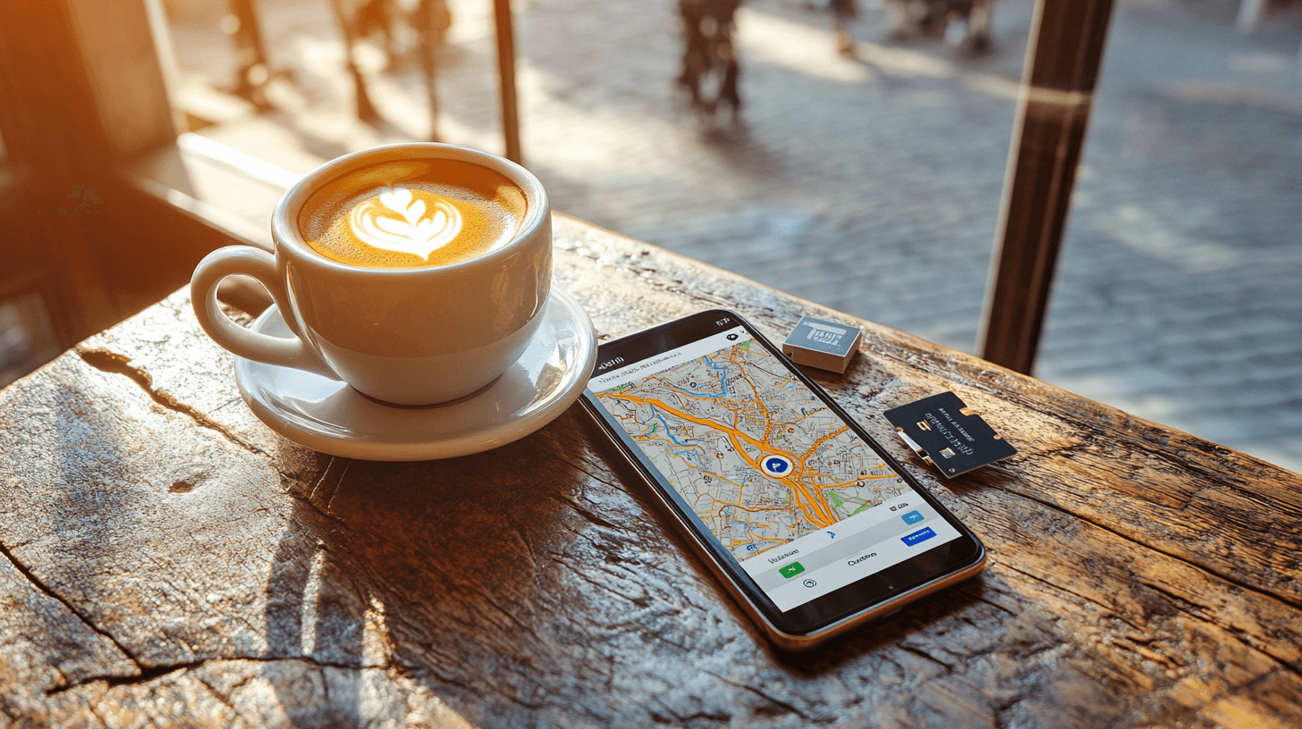 Celular com mapa e chip SIM ao lado de cafe em mesa de cafe europeu