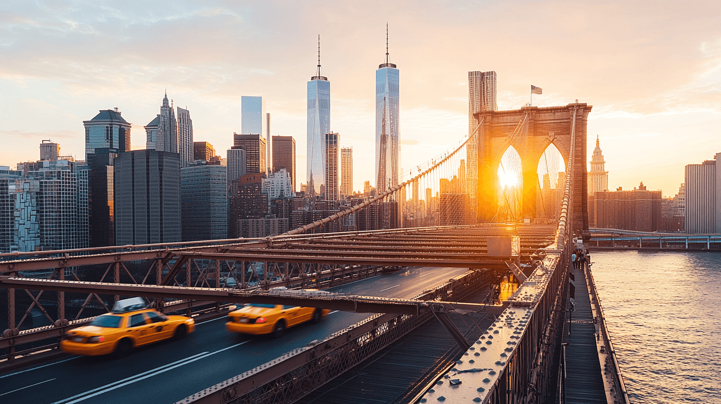 Skyline de Manhattan vista da Brooklyn Bridge ao pôr do sol com táxi amarelo